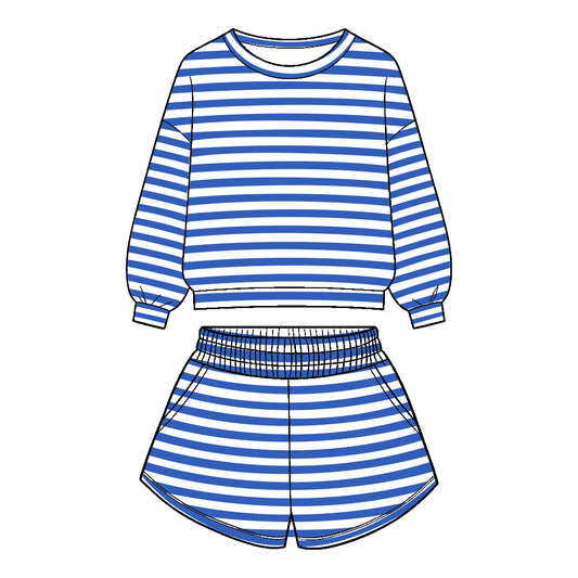 ( Moq 5 ) Baby Girls Kids Long Sleeves Stripes Shirt Pockets Shorts Team Set Clothes