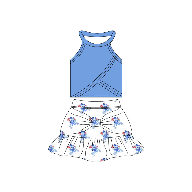 ( Moq 10 ) Baby Girl Sleeveless Blue Vest Flower Ruffle Shorts Skirts Activity Wear Yoga Set