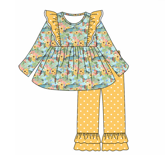 Baby Girl Long Sleeves Flower Tops Dots Yellow Pants Set