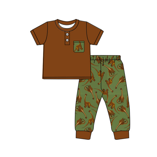 Baby Boy Toddler Short Sleeves Cotton Brown Shirt Dinosaurs Pants Set Moq 5