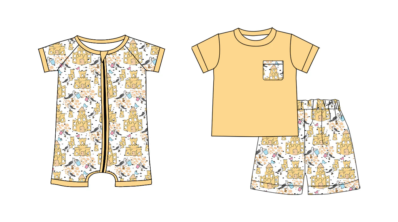 ( Moq 5 Each Style ) Baby Boys Short Sleeves Castles Sibling Zipper Romper Set