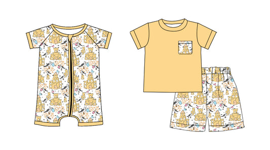 ( Moq 5 Each Style ) Baby Boys Short Sleeves Castles Sibling Zipper Romper Set