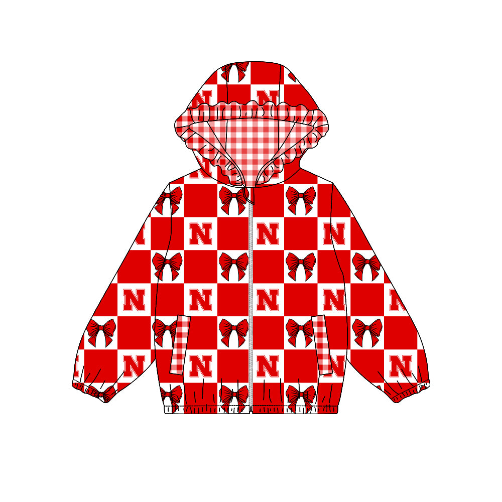 ( Moq 5 ) Custom Baby Girl Kids Pockets Zipper Hoodie Bows Team Jacket Coat Tops