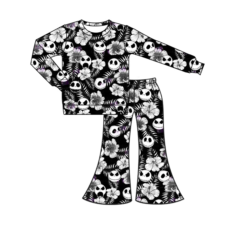 Baby Girl Long Sleeves Halloween Skull Flower Shirt Bell Pants Set