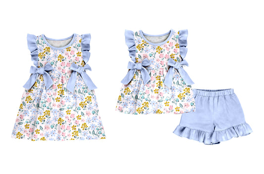 ( Moq 5 Each Style ) Sibling Baby Girls Kids Short Sleeves Flower Blue Bows Summer Dress Set Clothes