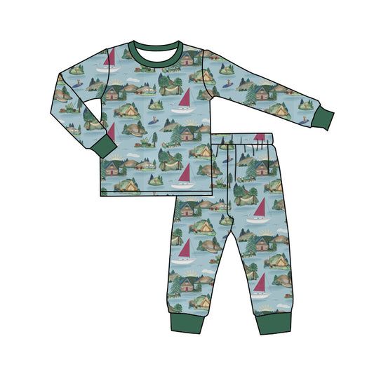 Baby Boy Long Sleeves Boats Green Shirt Pants Pajamas Set