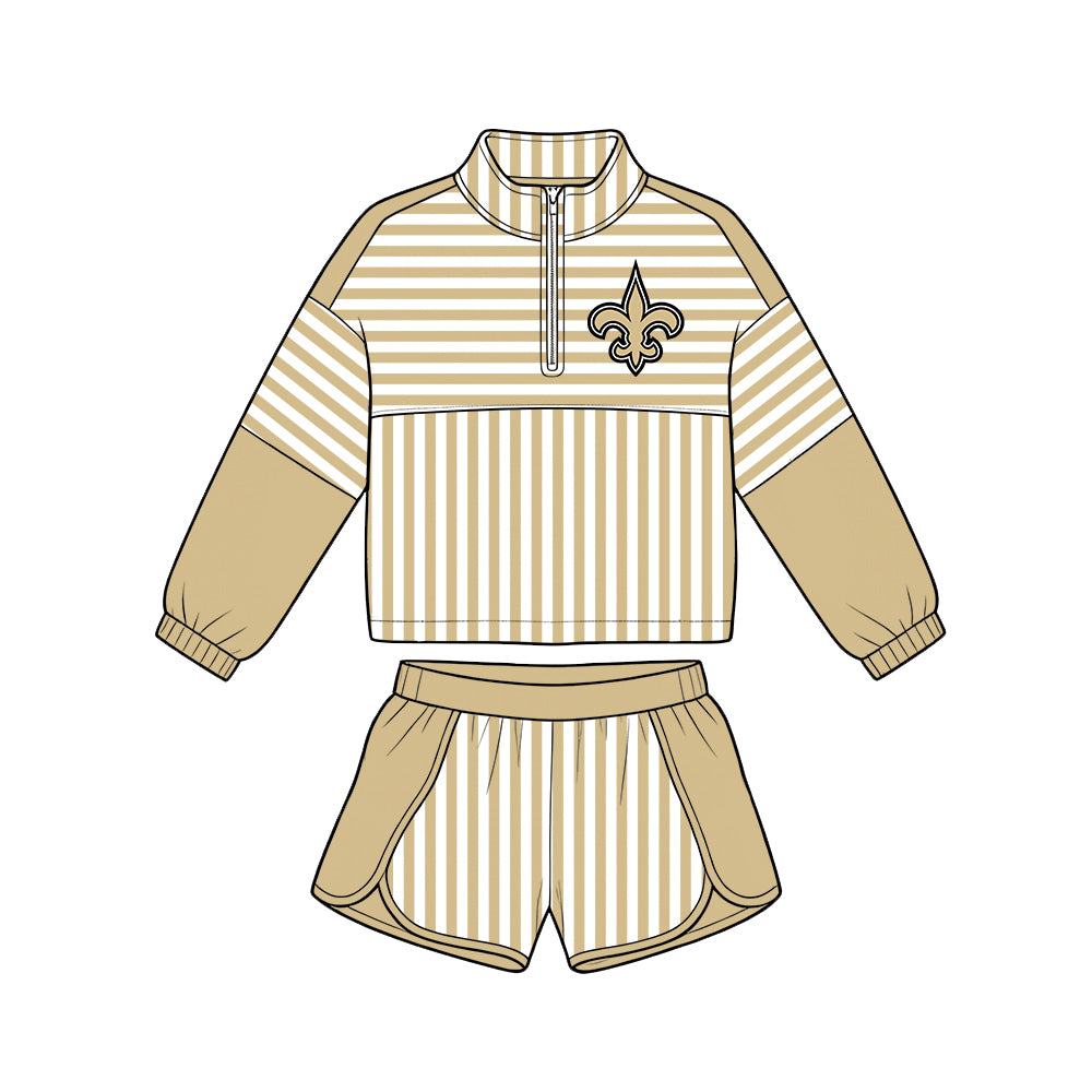 ( Moq 5 ) Baby Girls Kids Long Sleeves Zipper Pullover Stripes Shorts Team Set Clothes