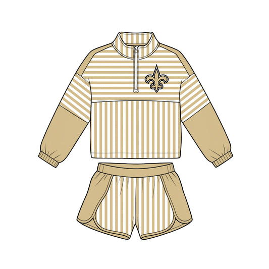 ( Moq 5 ) Baby Girls Kids Long Sleeves Zipper Pullover Stripes Shorts Team Set Clothes
