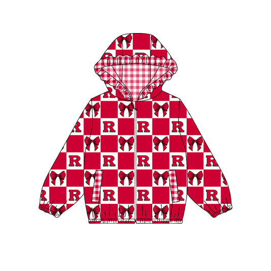 ( Moq 5 ) Custom Baby Girl Kids Pockets Zipper Hoodie Bows Team Jacket Coat Tops