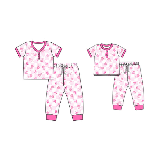 Baby Kids Toddler Toddler Adult Short Sleeves Flower Pink Pants Sibling Family Pajamas Set ( Moq 5 Each Style ) 12.2