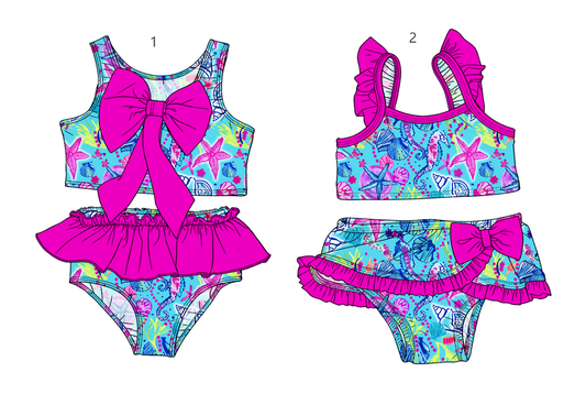 ( Moq 5 Each Style ) Sibling Baby Girls Kids Summer Tops Ruffle Shorts Pink Bows Sets Swimsuits