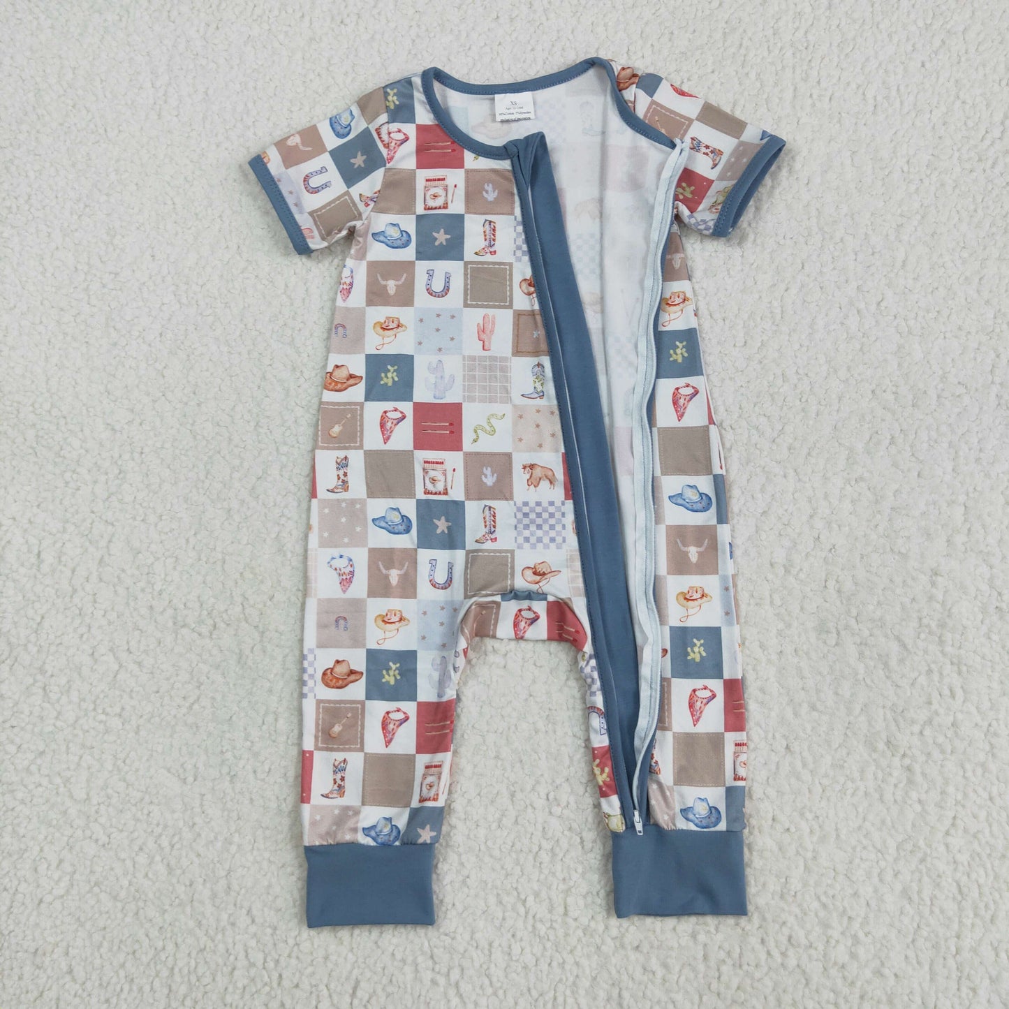 Baby Boy Infant Short Sleeves Western Boots Cactus Zipper Romper RTS