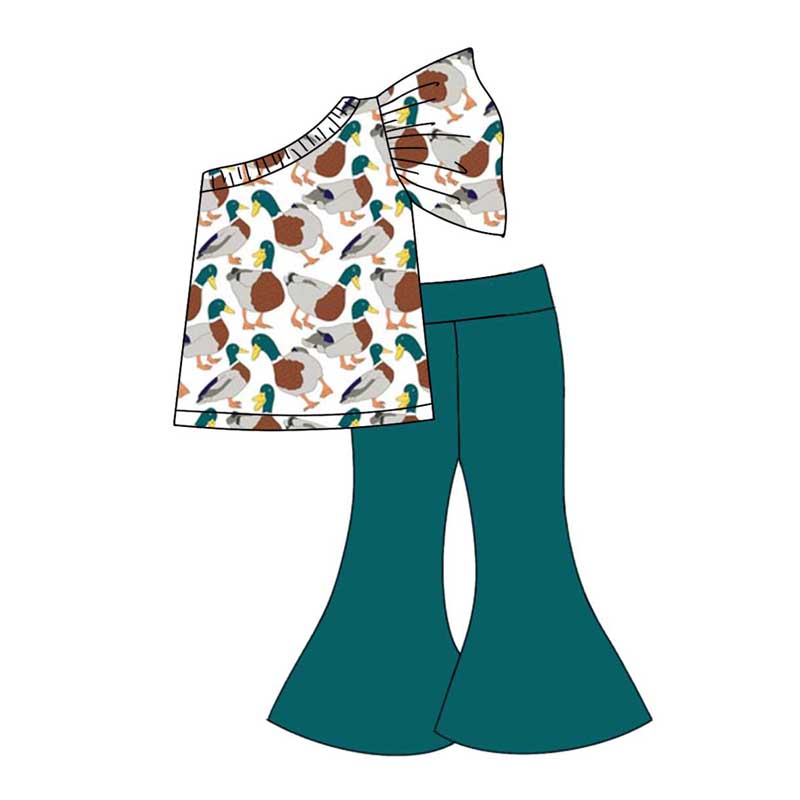 Baby Girl One Shoulder Ducks Tops Green Bell Pants Set Moq 5