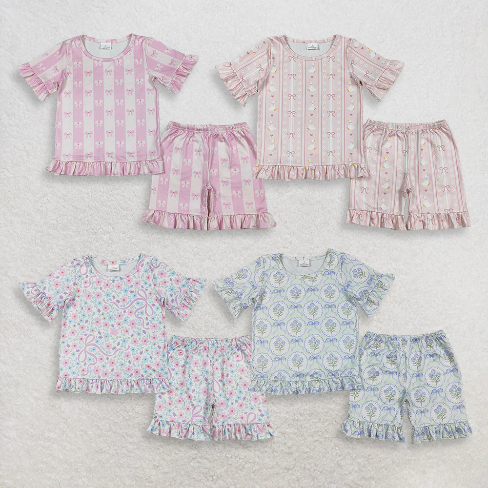 Sibling Baby Girls Kids Short Sleeves Shirts Shorts Sets Flower Bows Goose Pajamas Clothes RTS
