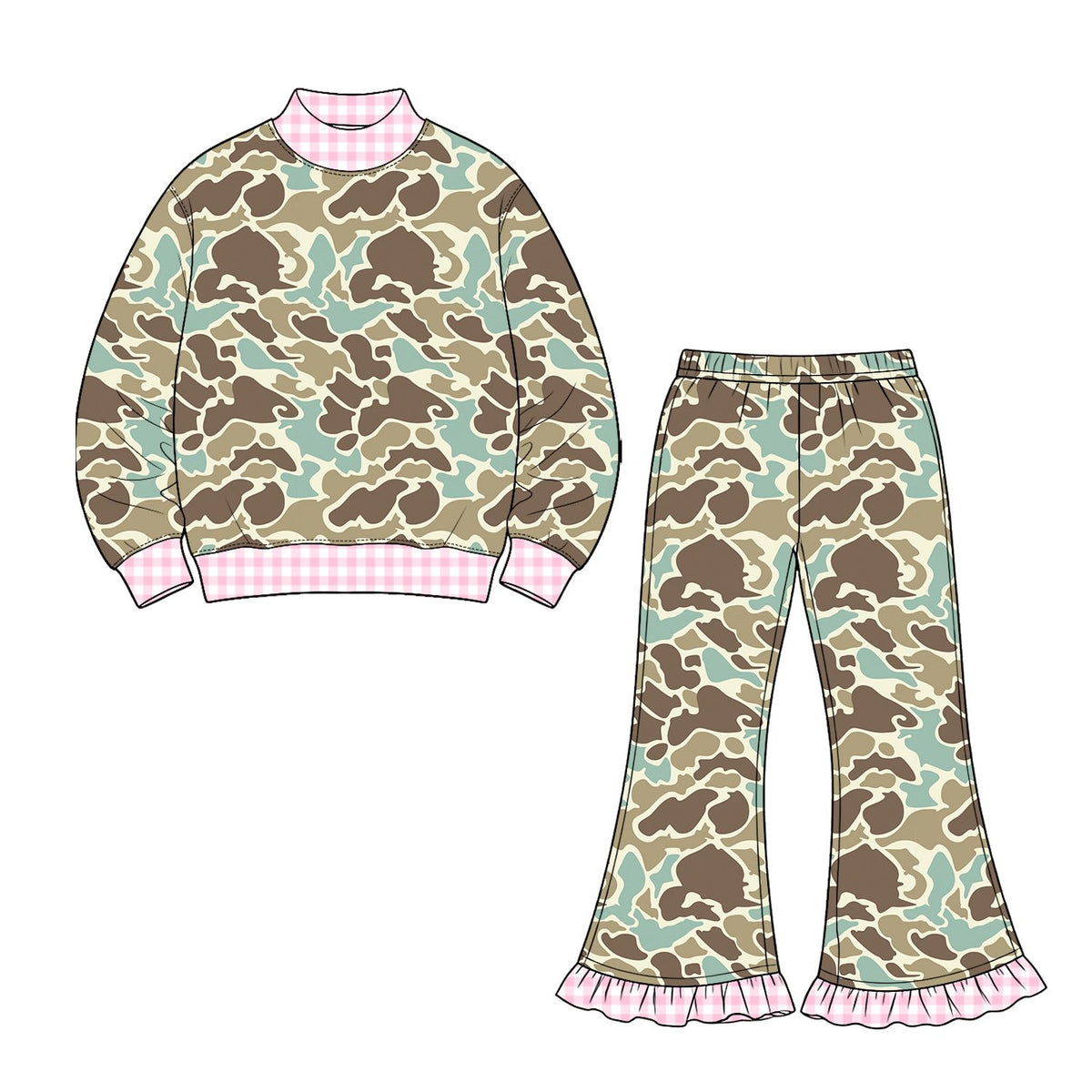 ( Moq 5 ) Preorder Baby Girls Kids Long Sleeves Plaid Pullover Camo Bell Pants Set Clothes