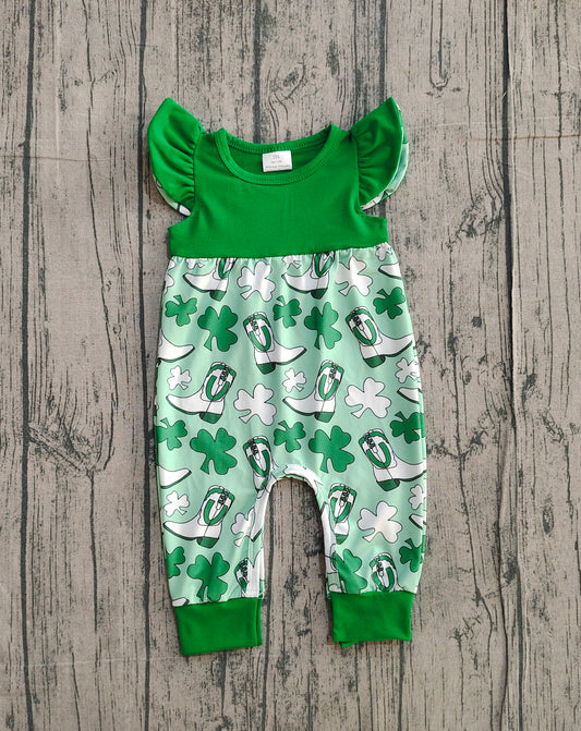 ( No moq ) Preorder Baby Girls Infant Short Sleeves Clovers Boots St Patrick Green Romper