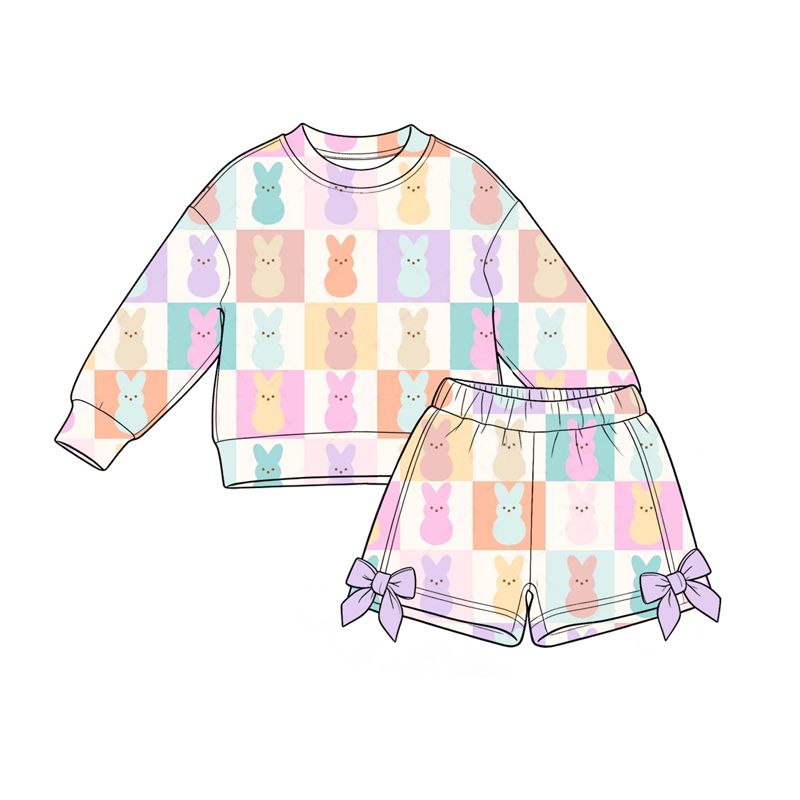 ( Moq 5 ) Preorder Baby Girls Kids Long Sleeves Rabbits Checked Shirt Shorts Set Easter Clothes