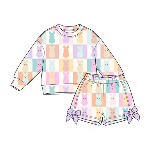 ( Moq 5 ) Preorder Baby Girls Kids Long Sleeves Rabbits Checked Shirt Shorts Set Easter Clothes