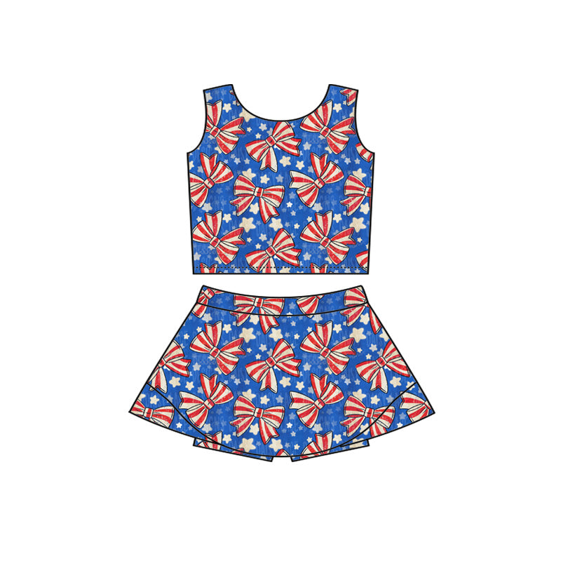 ( Moq 5 ) Preorder Baby Girls Kids Bows Stars Tops Skirt Shorts Yoga 4th of July Set