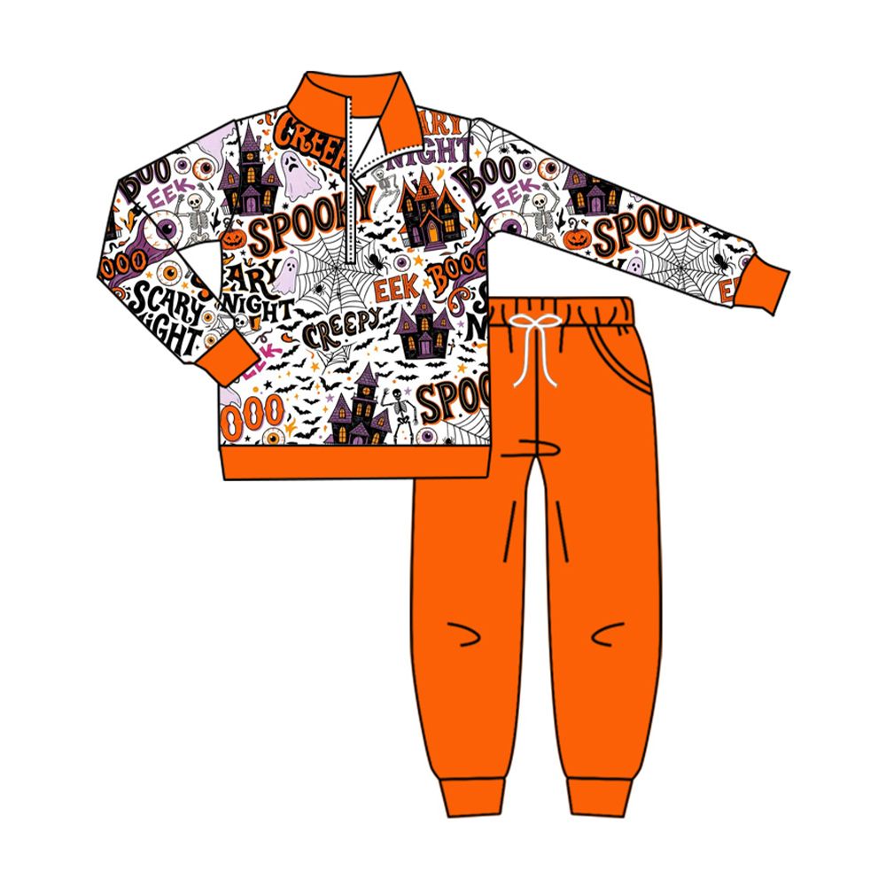 ( Moq 5 ) Preorder Baby Boy Kids Castles Ghosts Halloween Zipper Shirt Orange Pockets Pants Set Clothes