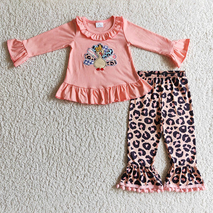 Sibling Girls Kids Long Sleeves Embroidery turkey Shirt Romper Dress Set Fall Clothes RTS