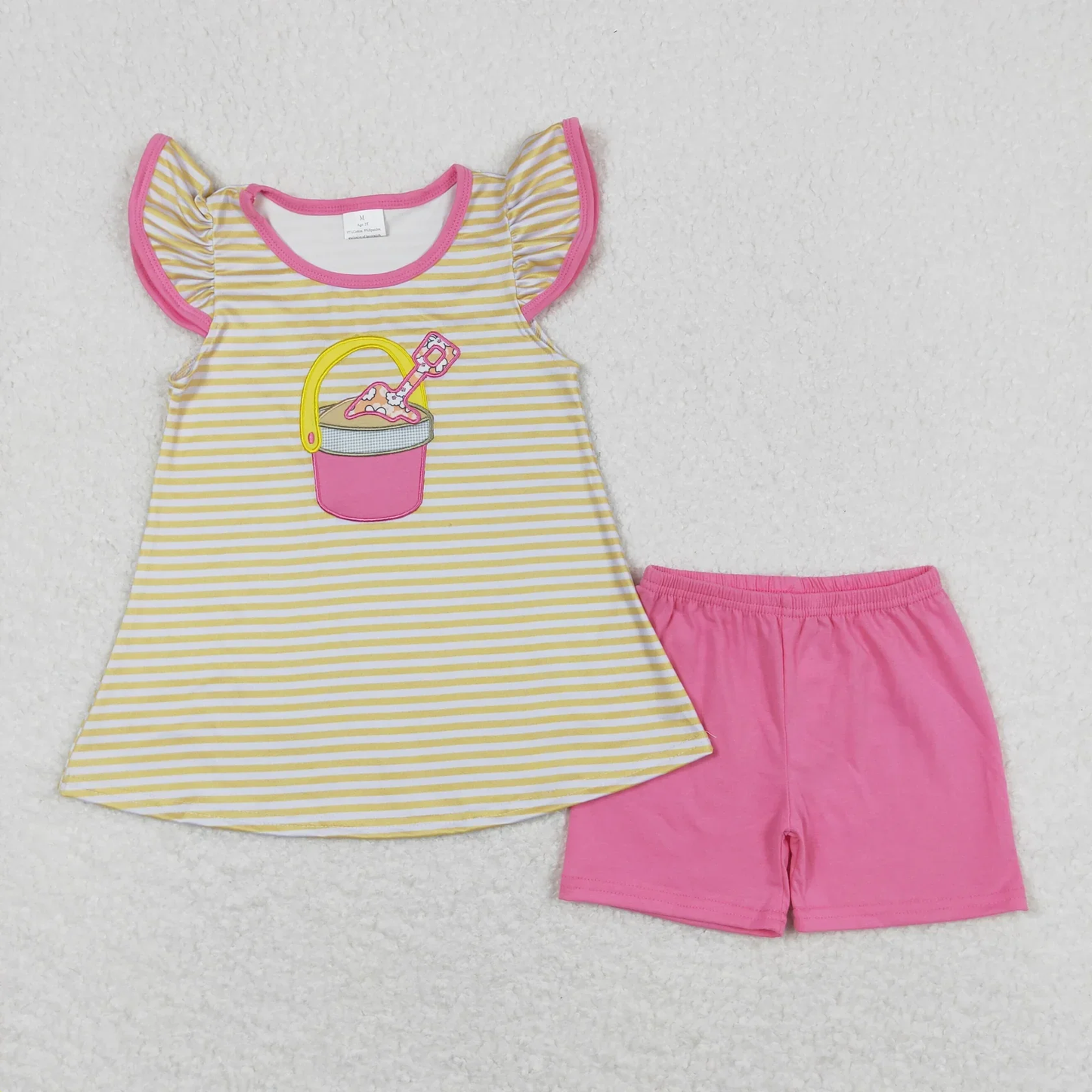 Sibling Baby Girls Kids Short Sleeves Embroidery Beach Shirts Ruffle Shorts Summer Sets RTS