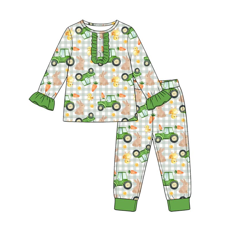 ( Moq 5 ) Preorder Baby Girls Kids Rabbits Carrots Tractors Shirt Pants Pajamas Set Easter Clothes