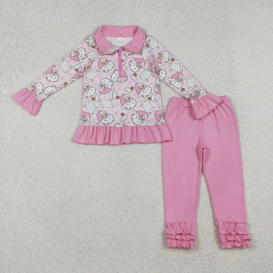 Baby Girl Long Sleeves Santa Cookies Zipper Shirt Pink Pants Christmas Set RTS