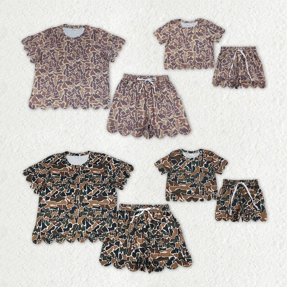 Sibling Baby Girls Adult Women Short Sleeves Camo Shirts Shorts Scallop Sets Summer Clothes RTS