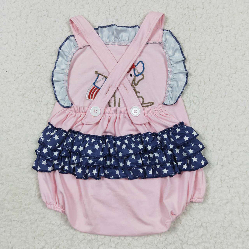 SR0332 Baby Girl Embroidery July 4th Dog Summer Stars Pink Ruffle Bubble Romper