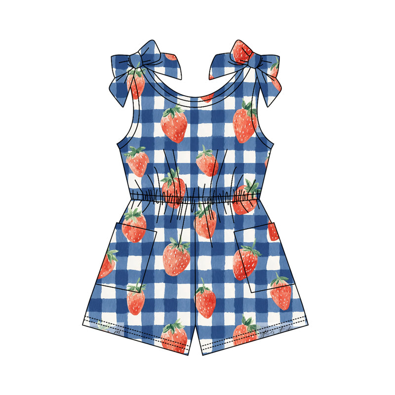 ( Moq 5 ) Preorder Baby Girls Kids Strawberry Plaid Pockets Shorts 4th of July Jumpsuit