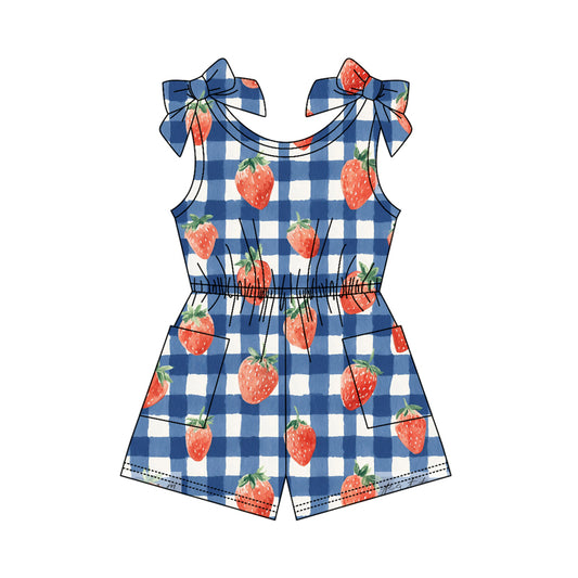( Moq 5 ) Preorder Baby Girls Kids Strawberry Plaid Pockets Shorts 4th of July Jumpsuit