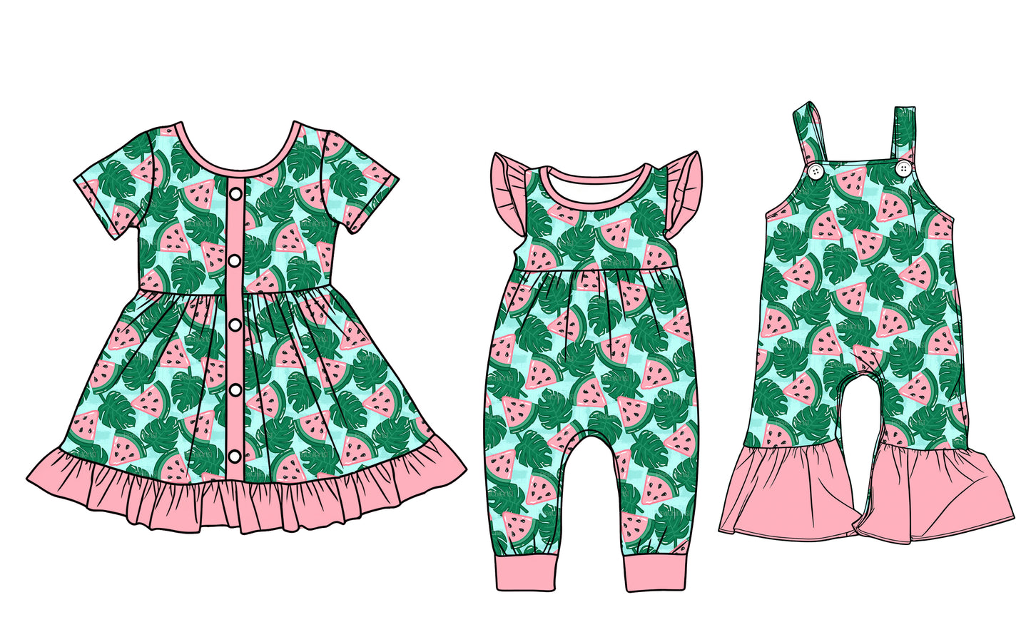 ( Moq 5 Each Style ) Baby Girls Kids Watermelon Sibling Green Romper Dress Jumpsuit