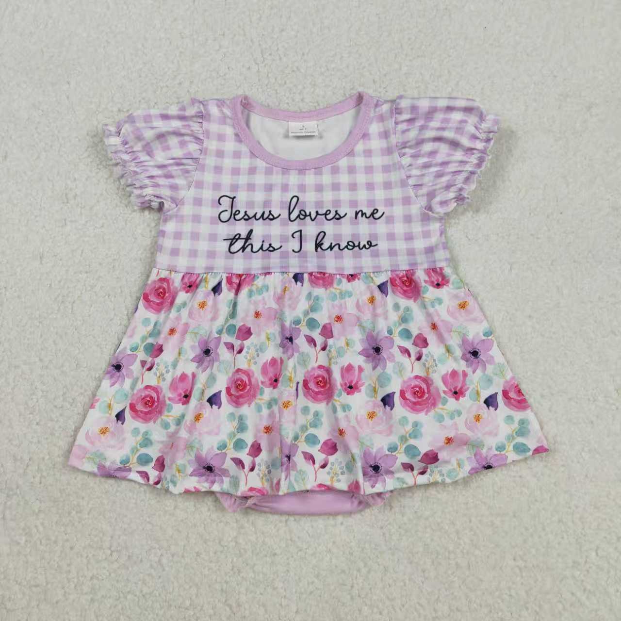 Sibling Baby Girls Kids Short Sleeves Plaid Flower Jesus Love Me Easter Romper Set RTS