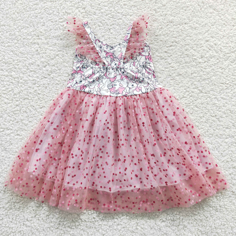 GSD0360 Baby Girl Short Sleeves Summer Cat Pink Tulle Dress