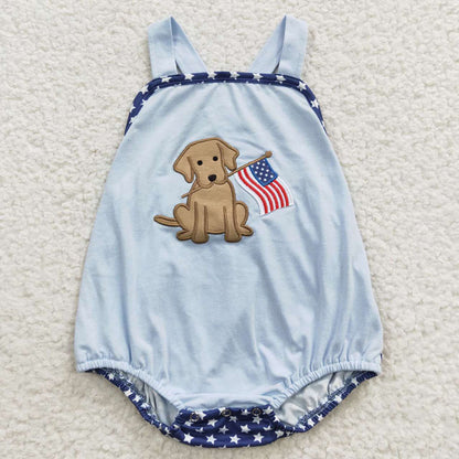 SR0331 Baby Boy Embroidery July 4th Dog Summer Blue Stars Romper