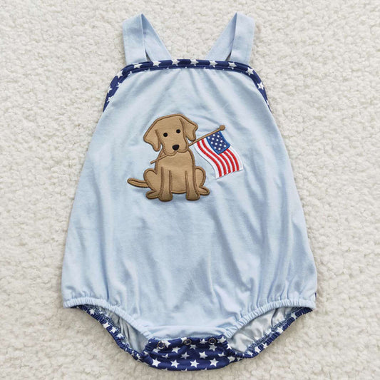 SR0331 Baby Boy Embroidery July 4th Dog Summer Blue Stars Romper