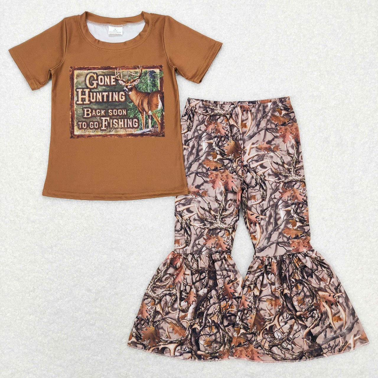 GSPO1272 Baby Girl Short Sleeves Deer Shirt Camo Bell Pants Hunting Set