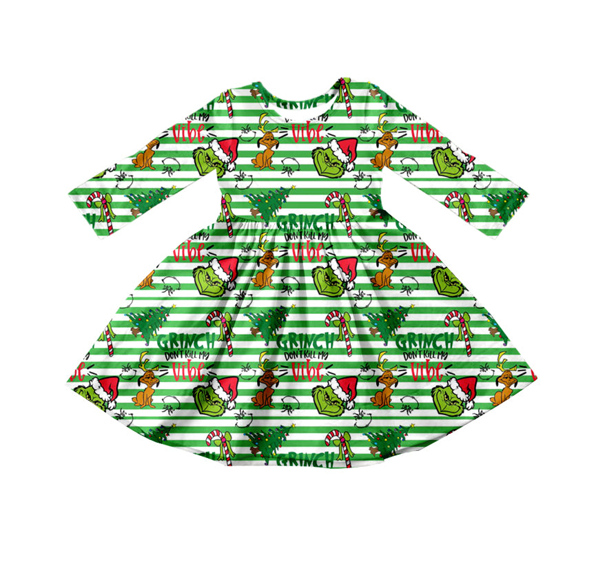 Baby Girl Long Sleeves Christmas Face Green Stripes Dress Moq 5