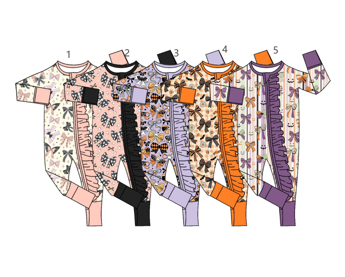 ( Moq 5 Each Style ) Sibling Baby Girls Infant Halloween Bows Ruffle Zipper Footie Sleeper Rompers Clothes