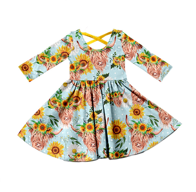 Baby Girl Long Sleeves Sunflower Western Cow Dress Moq 5