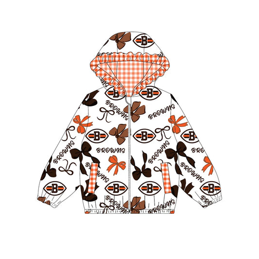 ( Moq 5 ) Baby Girls Kids Bows Cheer Pockets Checked Hoodie Zipper Team Jacket Tops