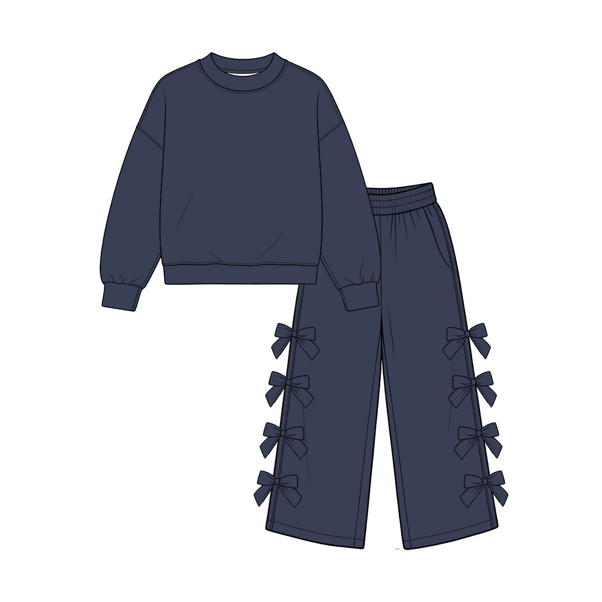 ( Moq 5 ) Preorder Baby Girls Kids Long Sleeves Navy Shirt Bows Pants Set Cotton Clothes