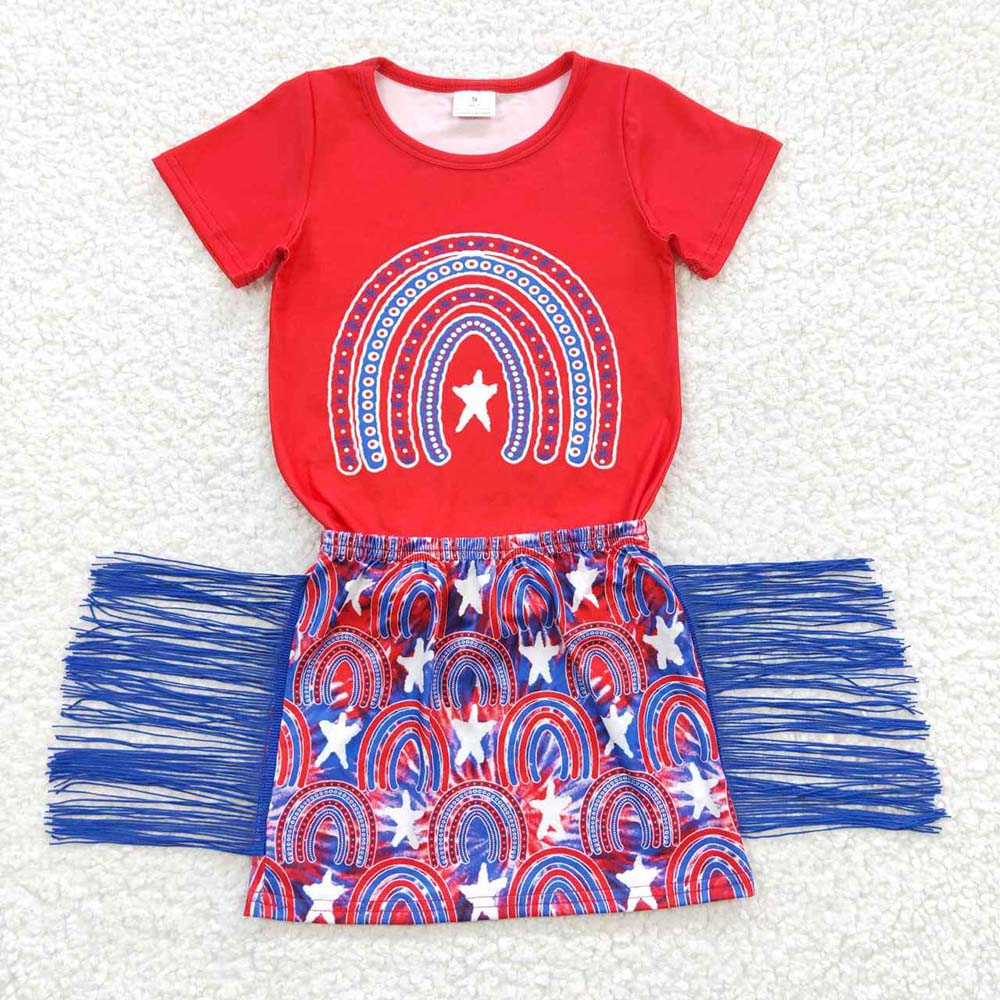 GSD0338 July 4th Baby Girl Summer Short Sleeves Star Rainbow Tassel Skirt Outfit