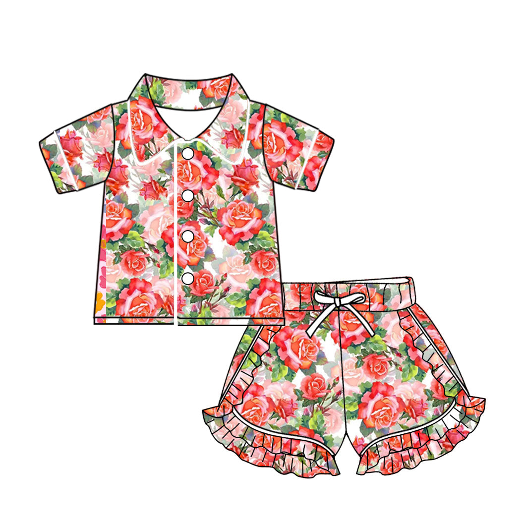 Baby Girl Short Sleeves Flower Pink Buttons Shirt Ruffle Shorts Pajamas Set Moq 5