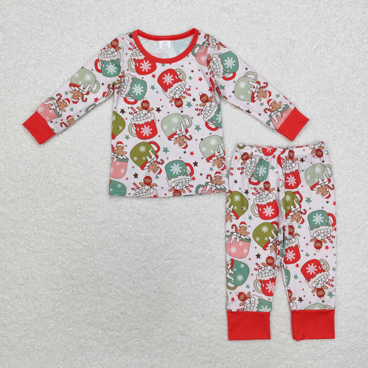 Baby Kids Long Sleeves Christmas Gingerbread Cup Shirt Pants Pajamas Bamboo Set