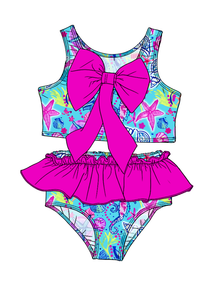 ( Moq 5 Each Style ) Sibling Baby Girls Kids Summer Tops Ruffle Shorts Pink Bows Sets Swimsuits