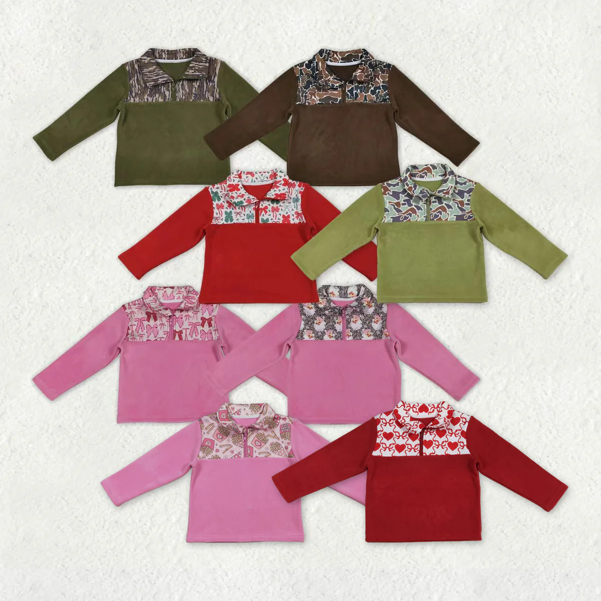 Sibling Baby Boys Girls Long Sleeves Camo Hearts Bows Santa Print Zipper Fleece Pullovers Shirts Tops RTS