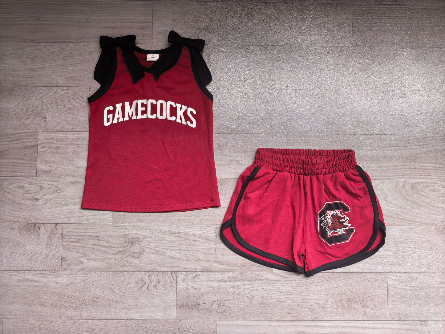 ( No moq ) Preorder Baby Girls Kids Sleeveless Bows Vinyl Shirt Chicken Shorts Red Set Team Clothes