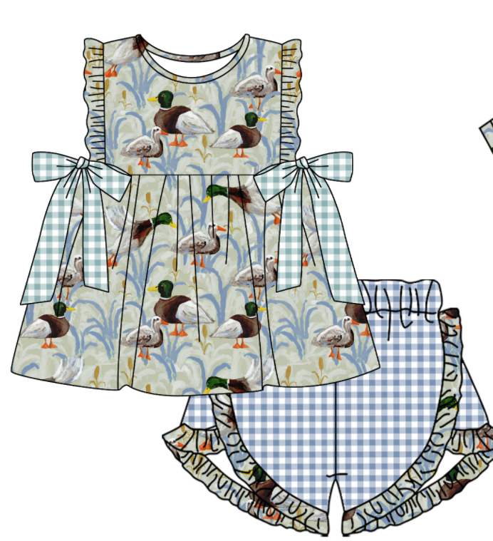 Baby Boy Girl Duck Plaid Bows Sibling Matching Dress Romper Clothes Set ( Moq 5 Each style )